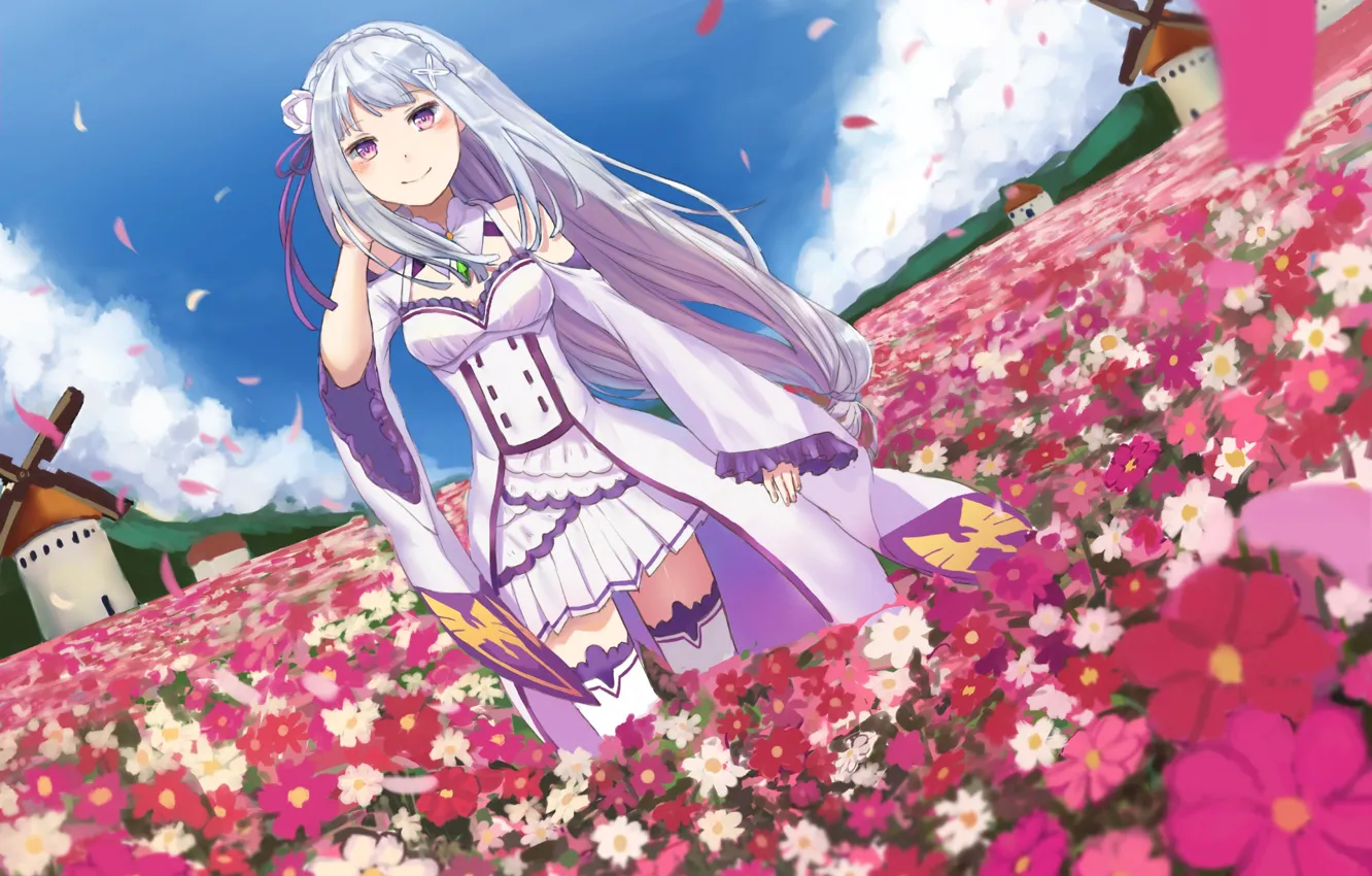 Фото обои девушка, цветы, поляна, мельницы, anime, art, Emilia, Re: Zero kara Hajimeru Isekai Seikatsu