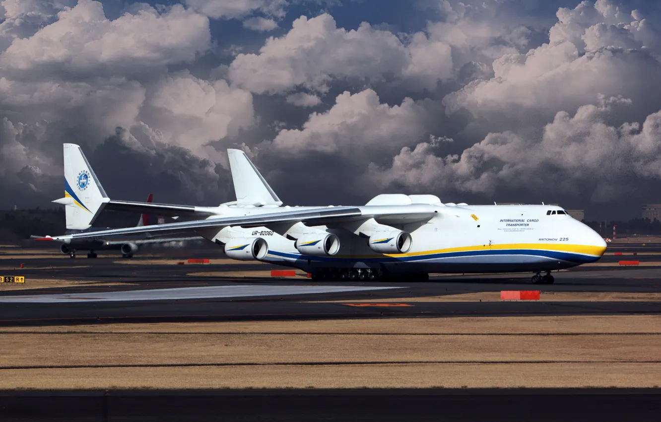 Фото обои Небо, Облака, Самолет, Крылья, Украина, Мрия, Ан-225, Грузовой