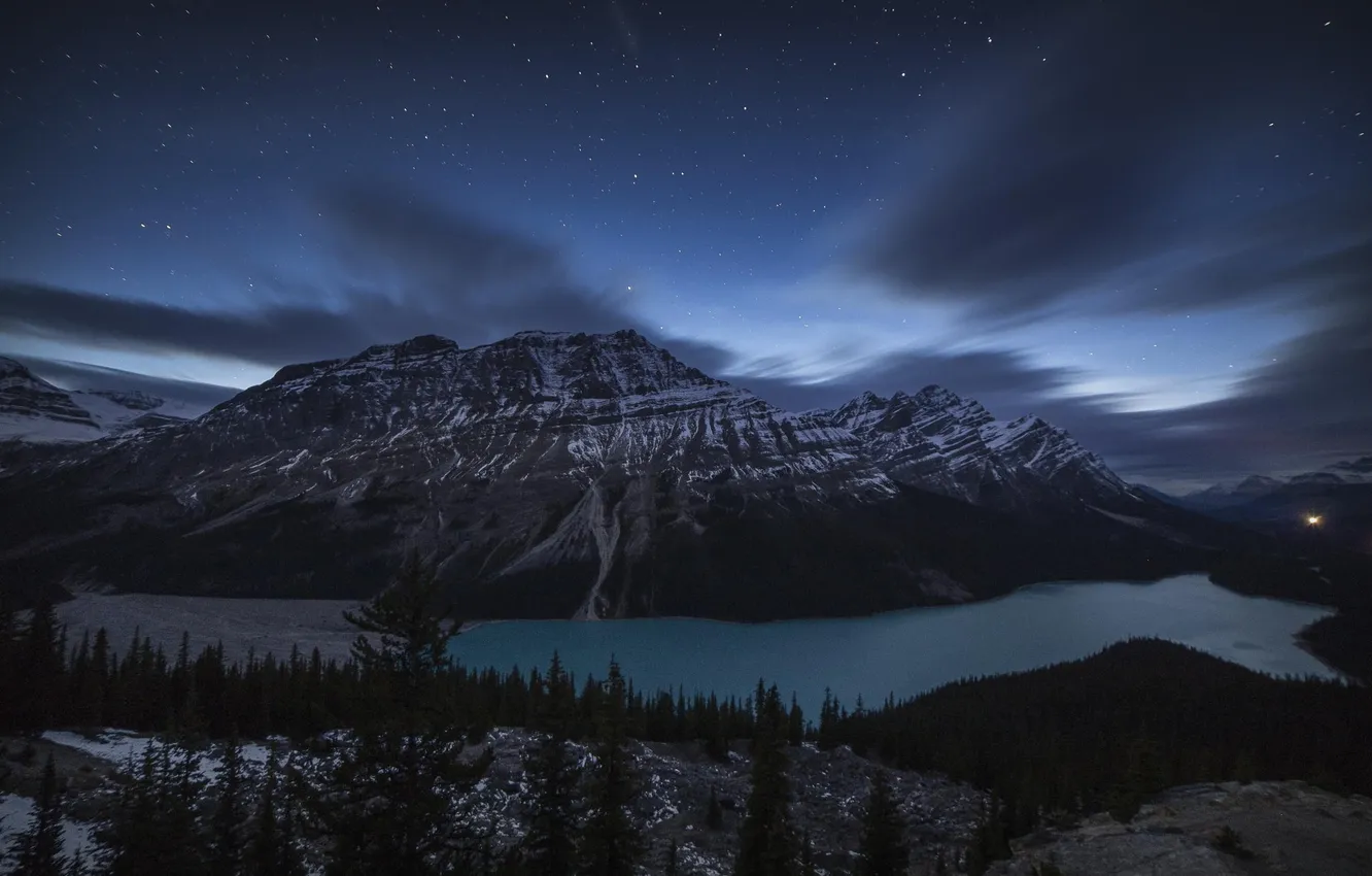 Фото обои лес, ночь, озеро, гора, Banff National Park, Alberta, Canada, night