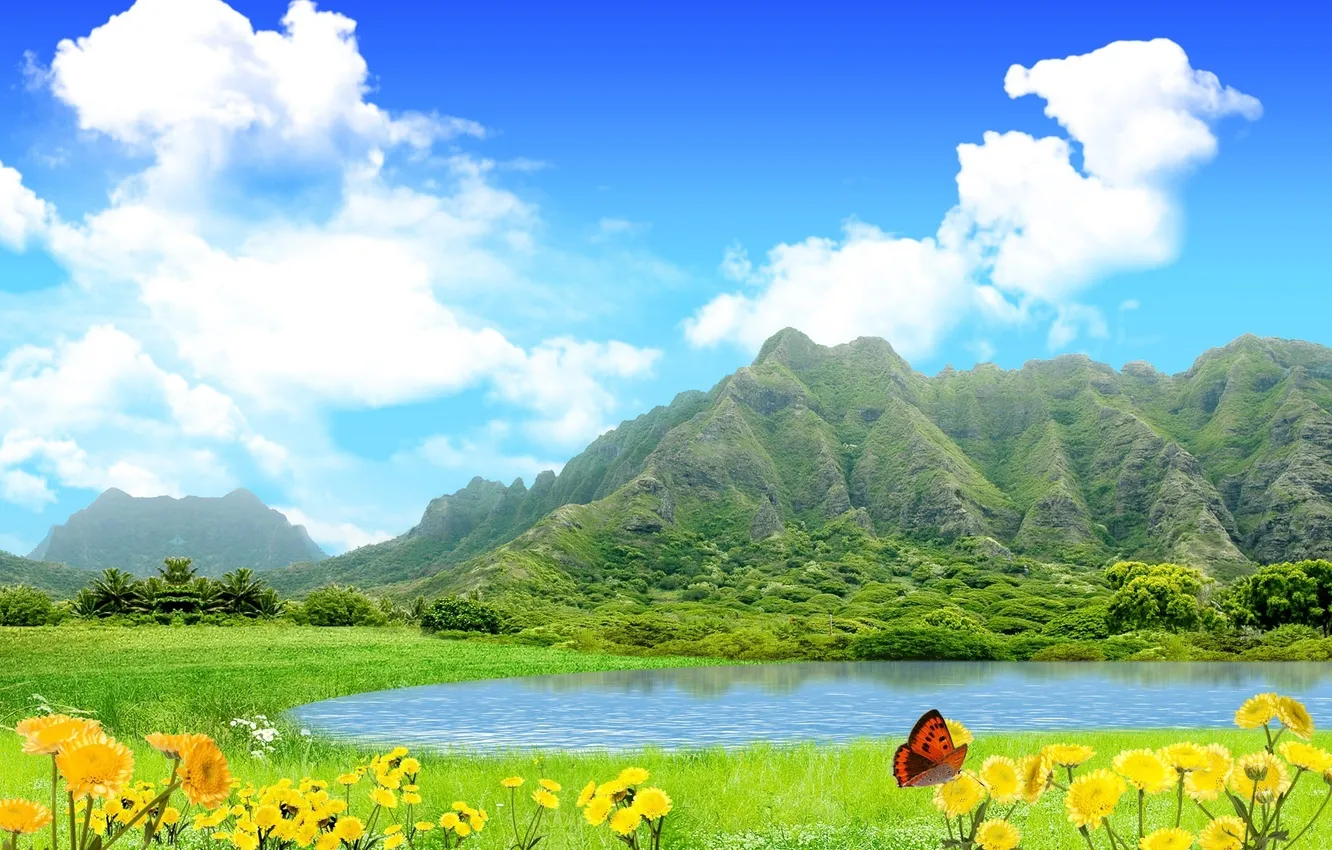 Фото обои зелень, небо, трава, вода, облака, цветы, горы, природа