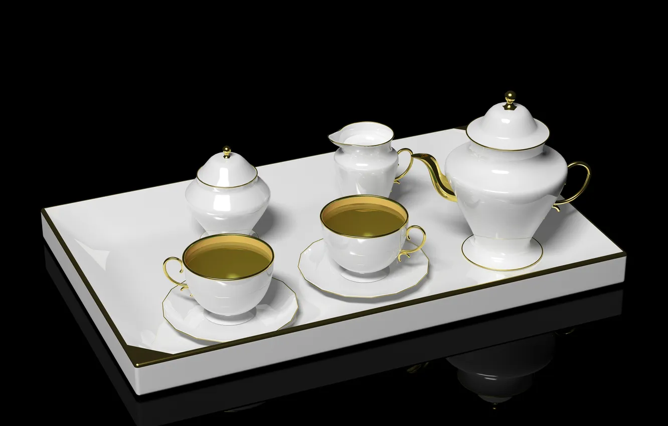 Фото обои отражение, чай, напиток, кружки, заварник, поднос, блюдца