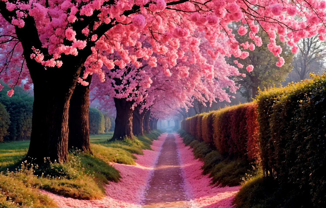 Фото обои деревья, парк, весна, сакура, аллея, цветение, trees, pink