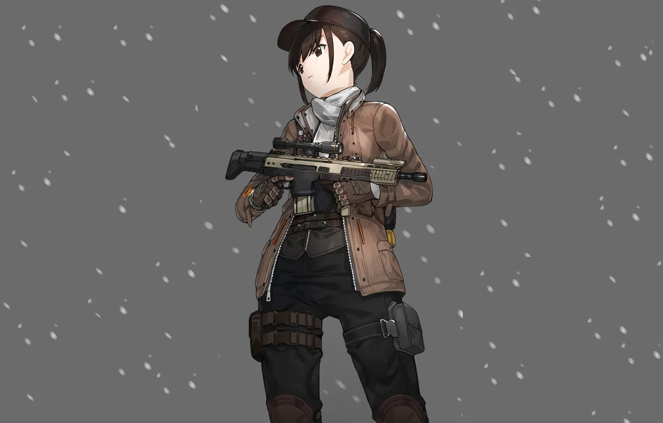 Фото обои девушка, снег, оружие, фон
