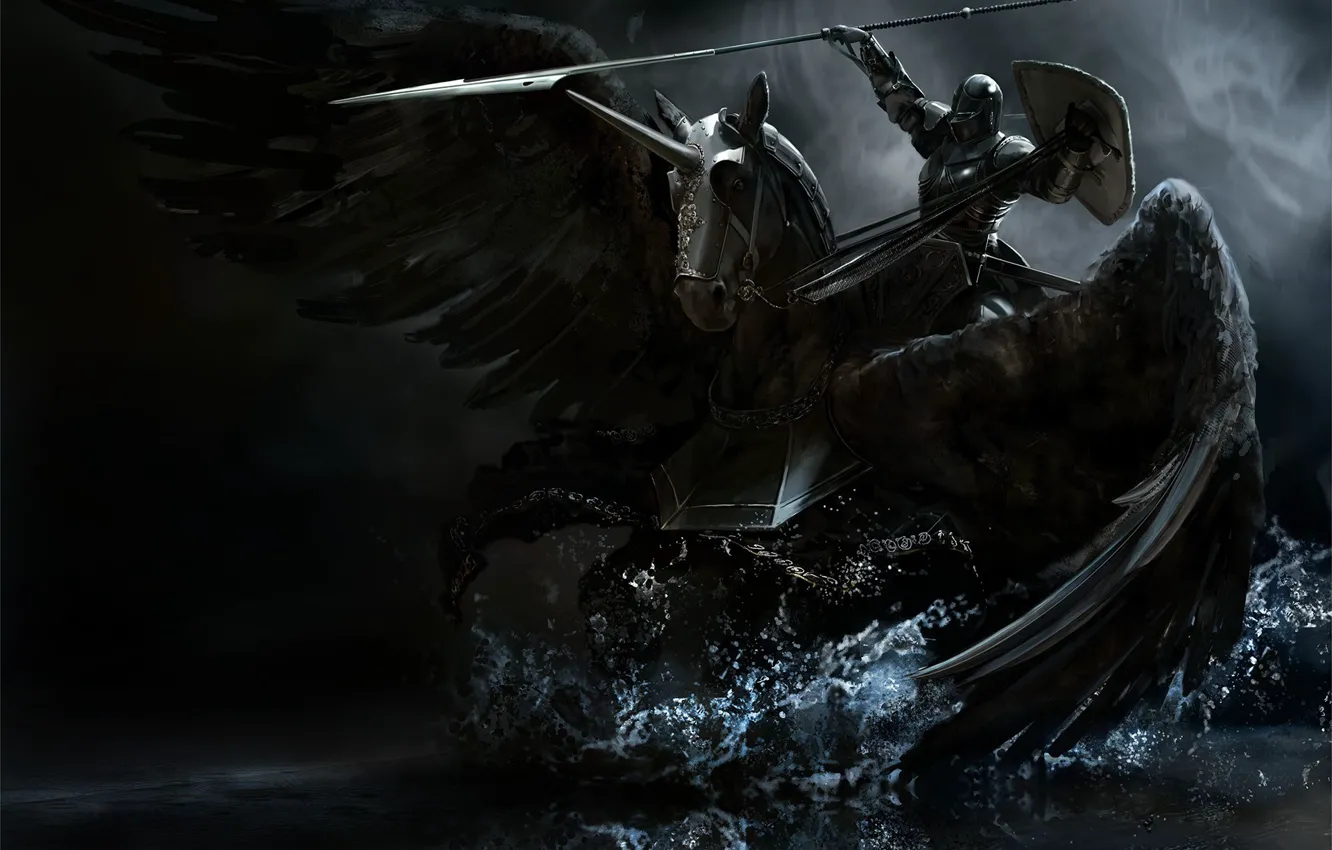 Фото обои оружие, крылья, Лошадь, доспехи, черное, копье, рыцарь