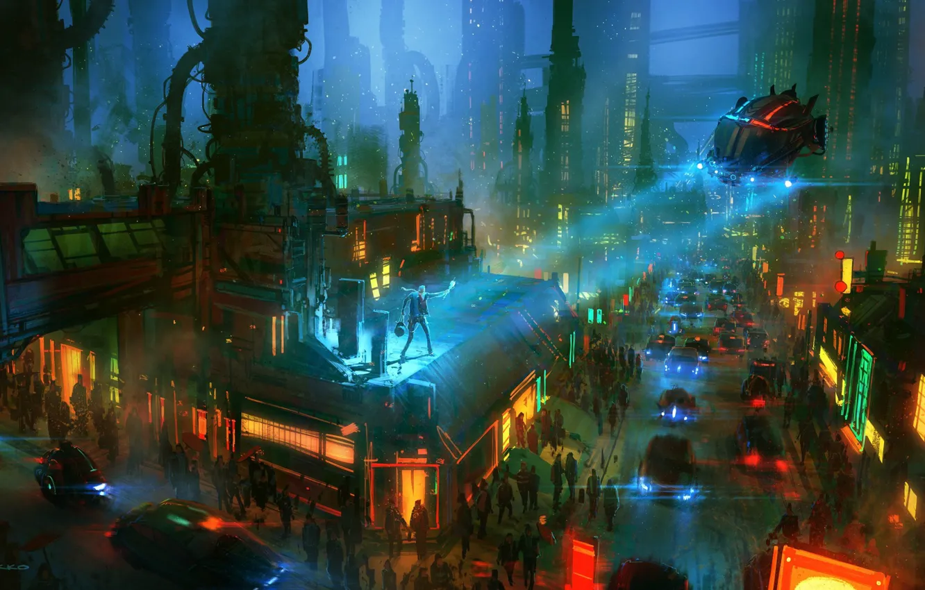 Фото обои Авто, Ночь, Город, Будущее, Машина, Люди, City, Fantasy
