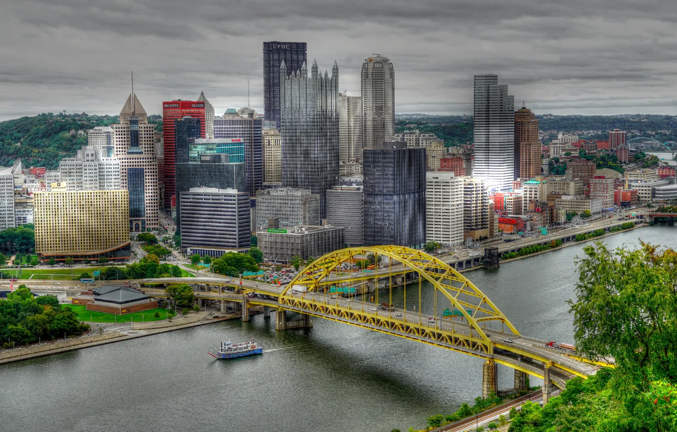 Фото обои мост, река, HDR, дома, небоскребы, США, Питтсбург