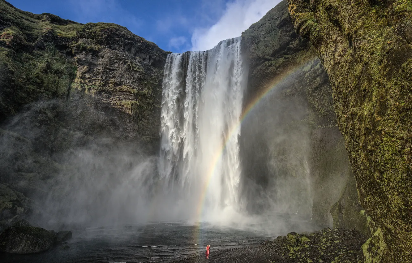 Фото обои девушка, водопад, радуга, Исландия