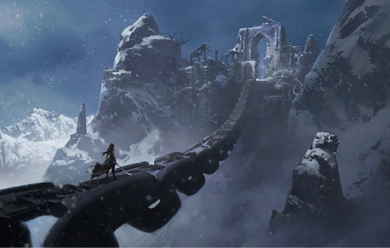 Фото обои холод, девушка, снег, мост, оружие, скалы, фэнтези, арт