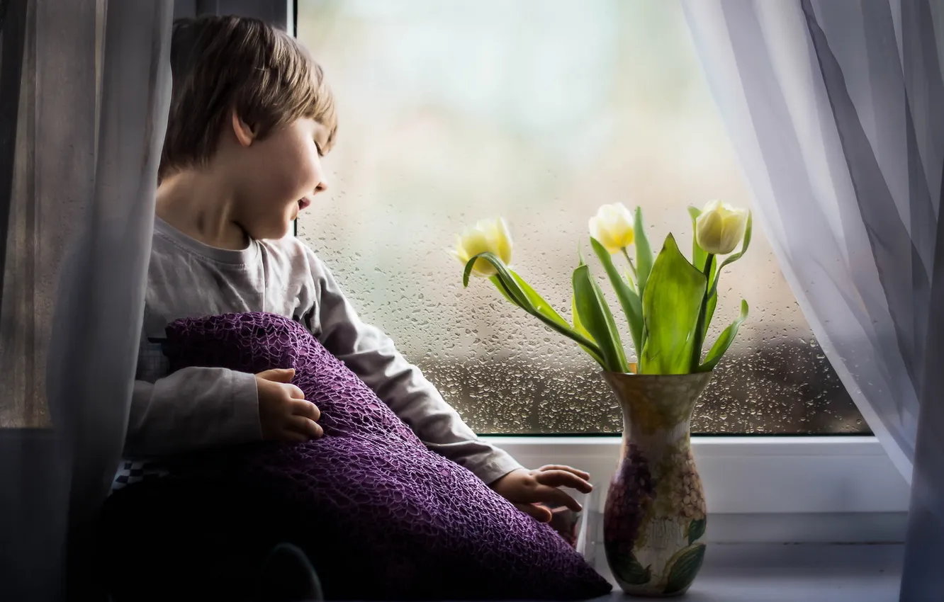 Фото обои цветы, мальчик, окно