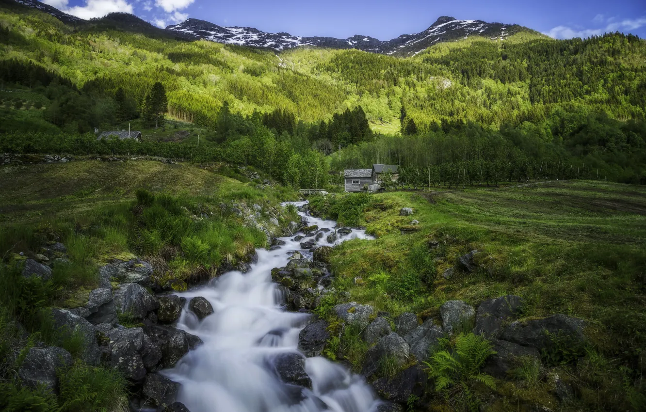 Фото обои деревья, горы, ручей, поля, деревня, Норвегия, хижины, Norway