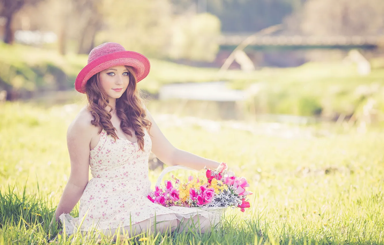 Фото обои лето, девушка, цветы, шляпка, корзинка