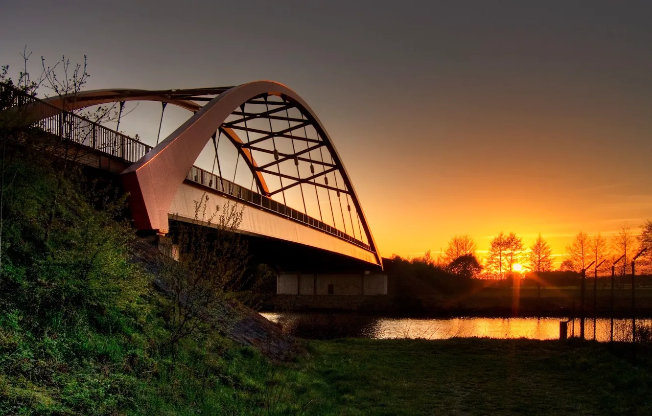 Фото обои солнце, мост, река