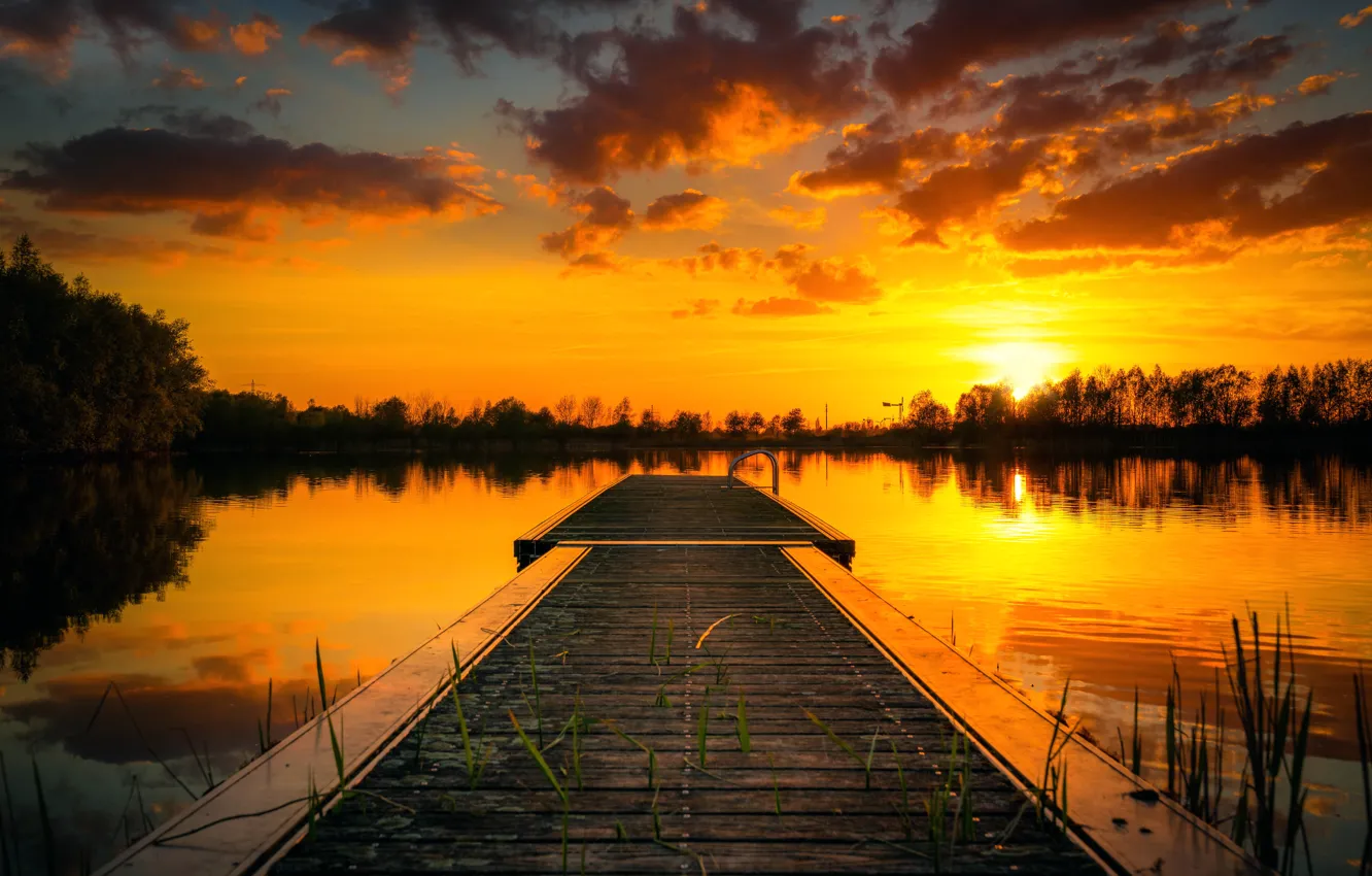 Фото обои закат, причал, озеро, Sunset Lake