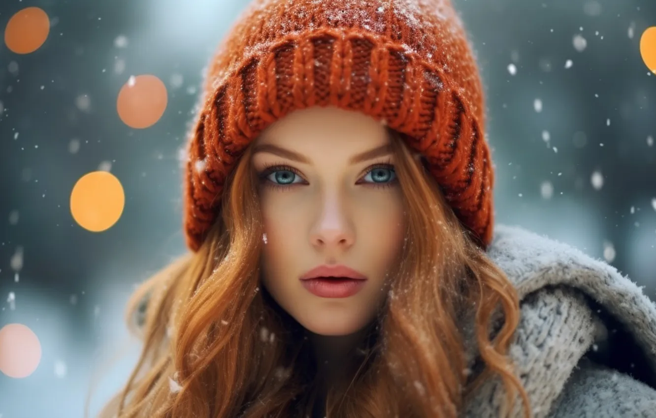 Фото обои зима, взгляд, девушка, снег, природа, лицо, поза, блики