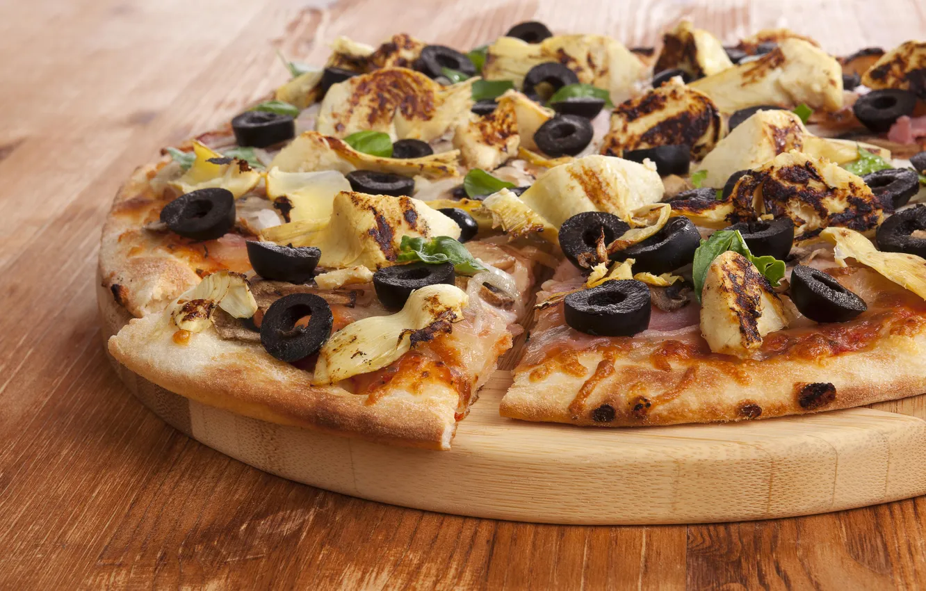 Фото обои pizza, cheese, dough, wooden plate, portion