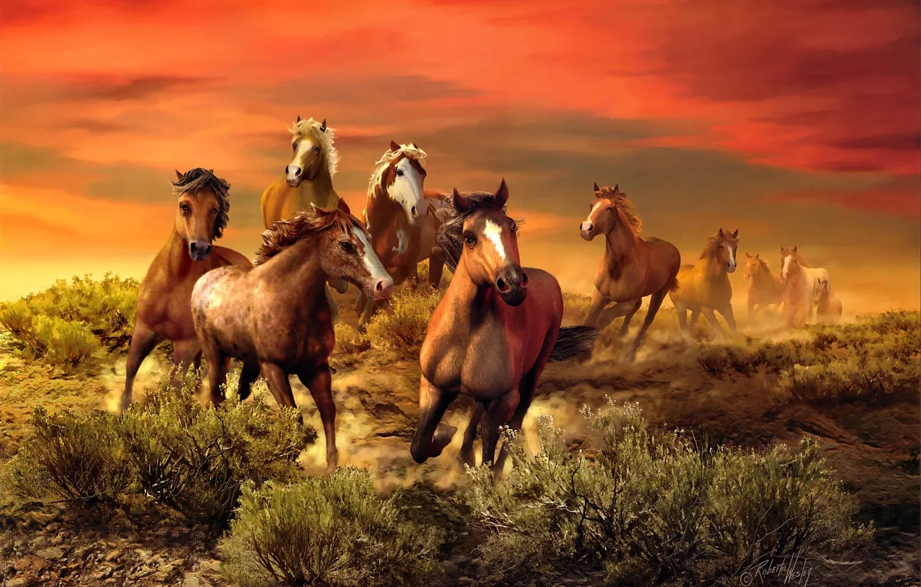 Фото обои животные, кони, живопись, Roberta Wesley, багровое небо, табун лошадей, The Wild Bunch