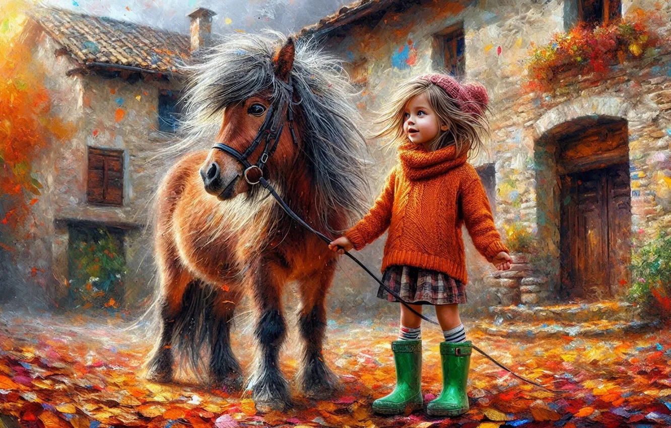 Фото обои осень, дом, улица, листва, шапка, дома, девочка, пони