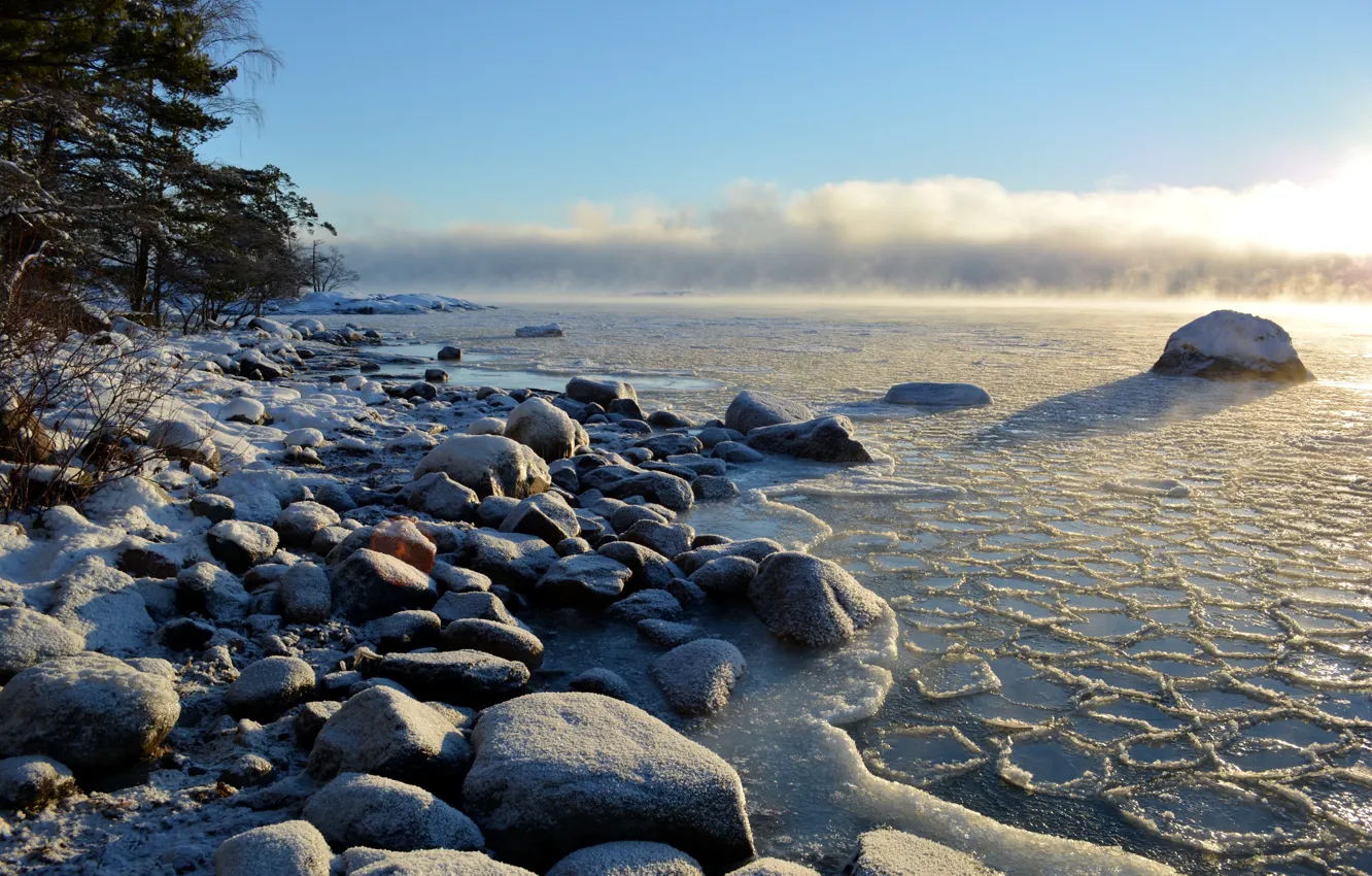 Фото обои зима, море, камни, побережье, Finland, Балтийское море, Helsinki, Uusimaa
