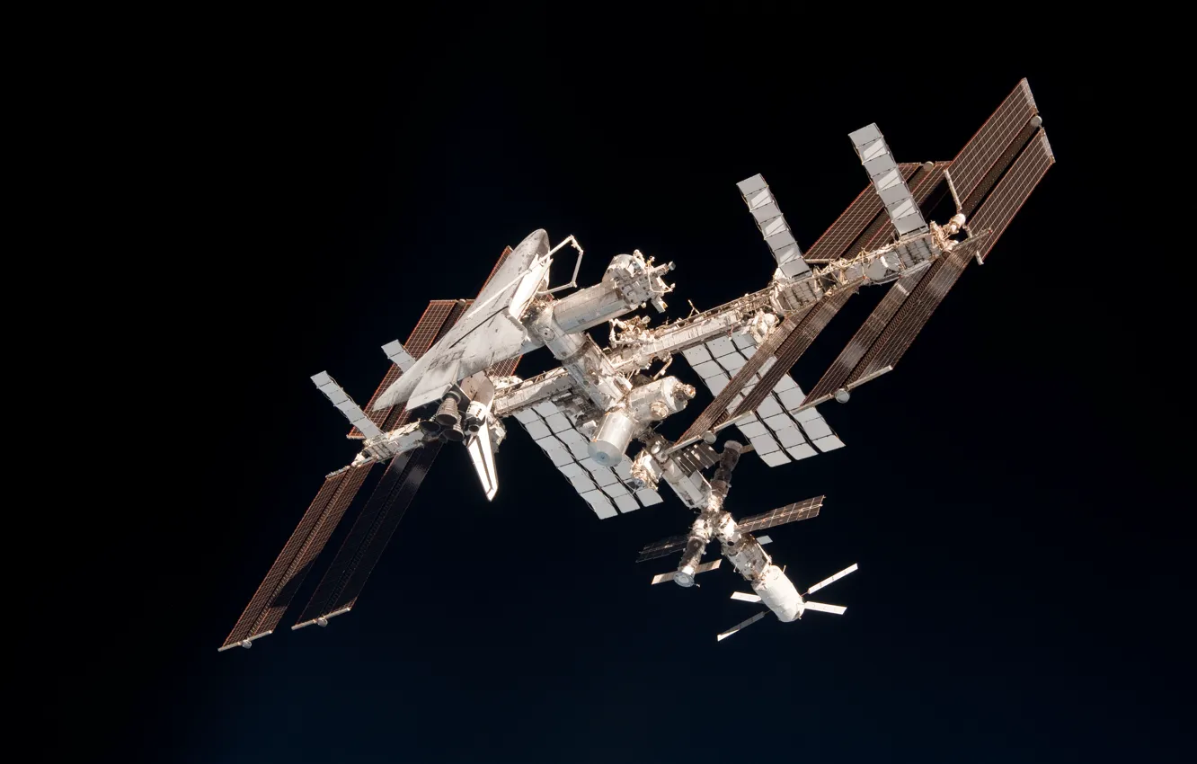 Фото обои космос, спутник, МКС, стыковка, спэйс шаттл