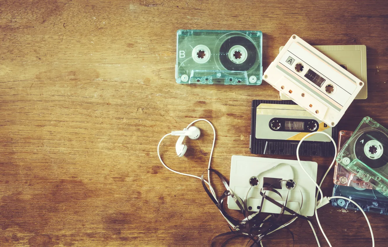 Фото обои ретро, музыка, music, наушники, retro, headphones, cassettes, косеты