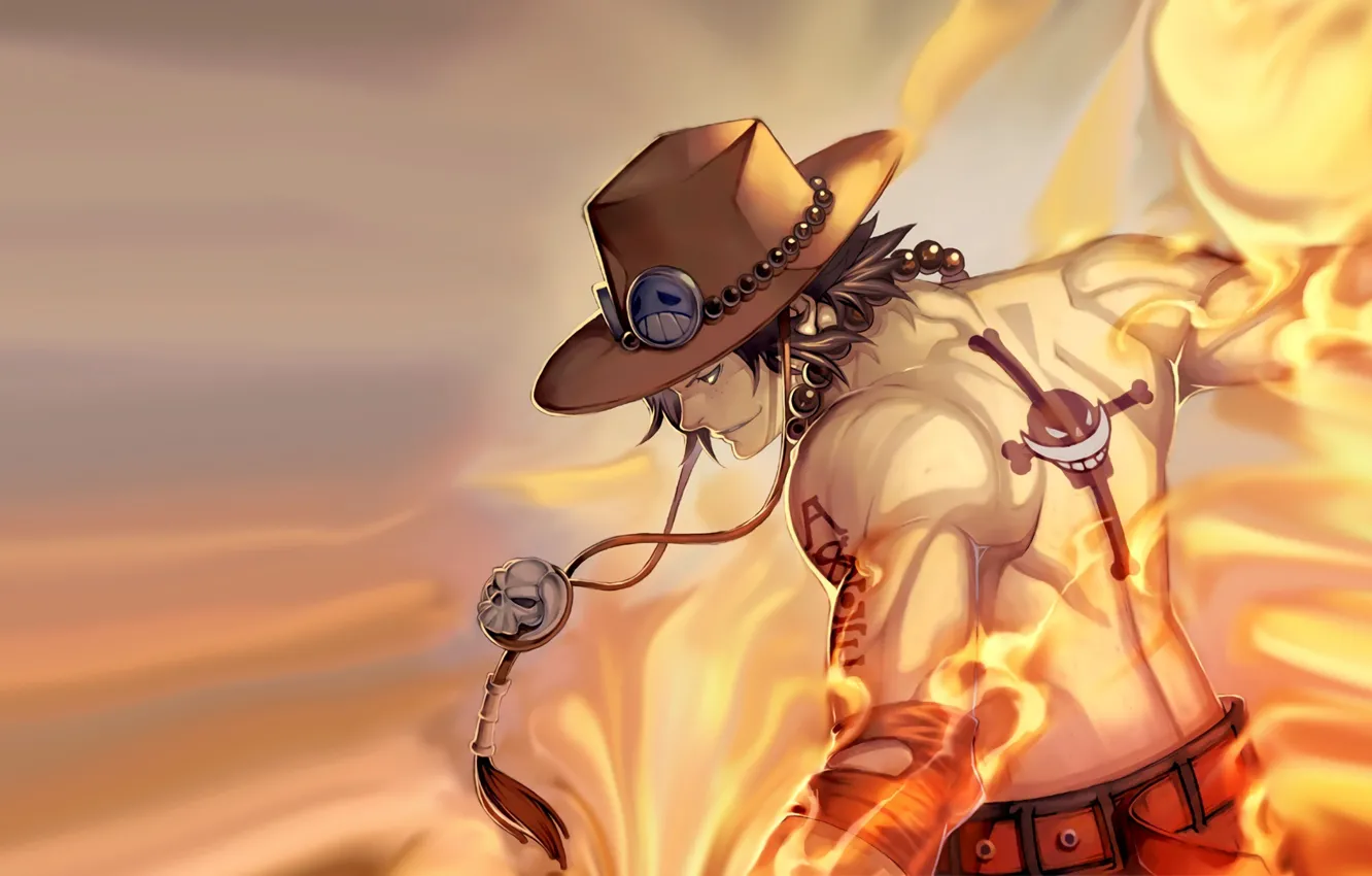 Фото обои огонь, шляпа, аниме, арт, парень, One Piece