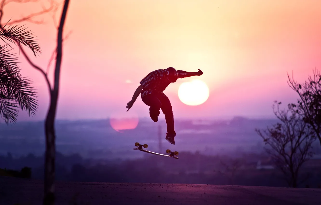 Фото обои Skateboard, road, sunset, jump, sun, sports, silhouette, athlete