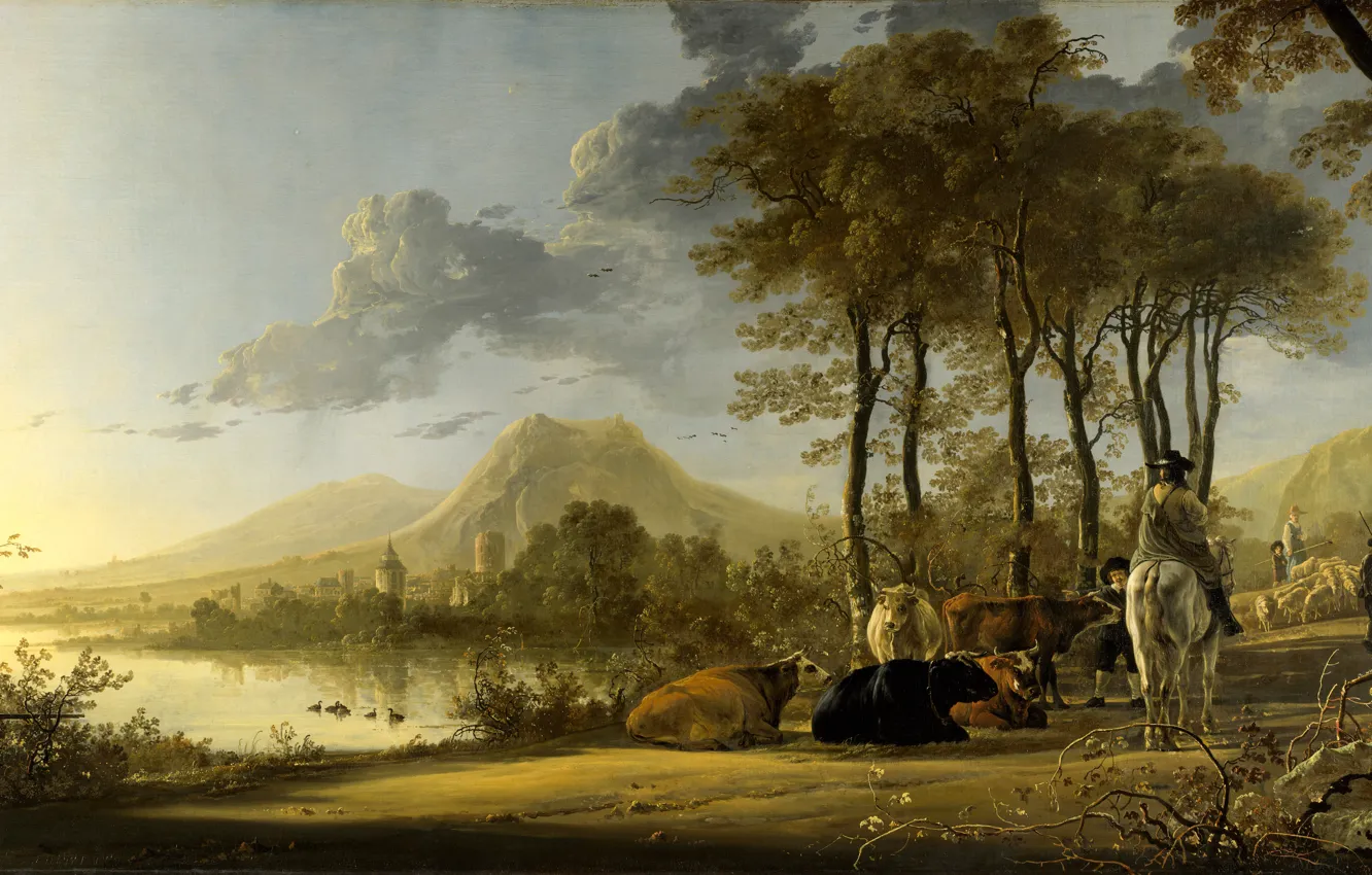 Фото обои животные, гора, картина, Альберт Кёйп, Aelbert Jacobsz Cuyp, Речной Пейзаж с Всадником и Крестьянами