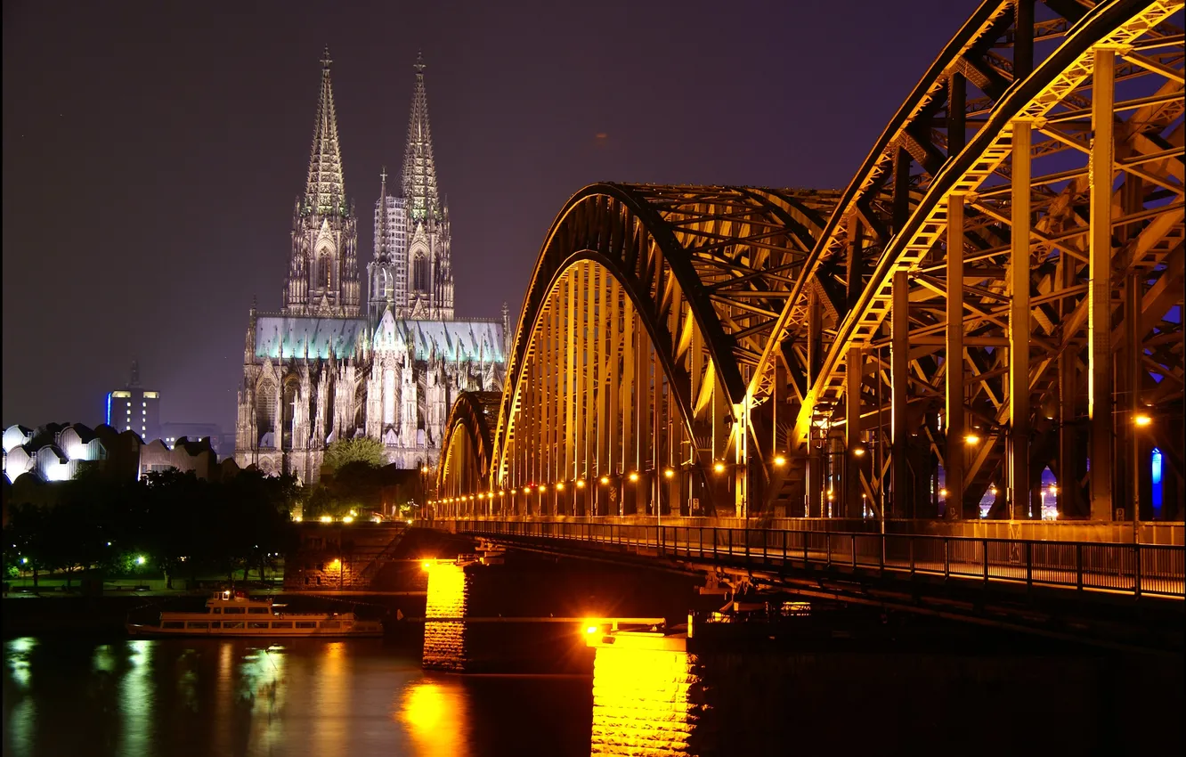 Фото обои ночь, мост, огни, река, вечер, собор, германия, Кельн