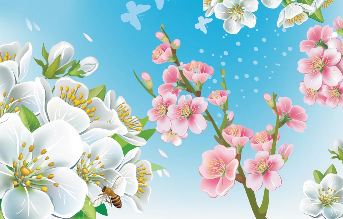 Фото обои цветы, ветки, пчела, вектор, весна