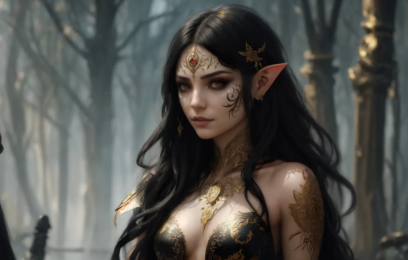Фото обои girl, fantasy, nature, art, elf, digital art, fantasy art, black clothes