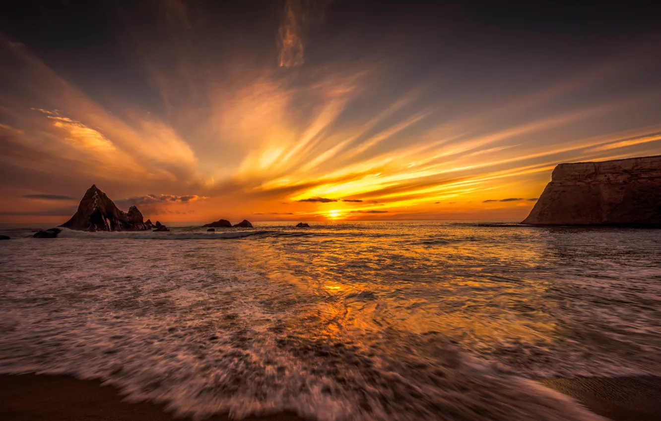 Фото обои закат, океан, скалы, Калифорния, Pacific Ocean, California, Тихий океан, Martins Beach