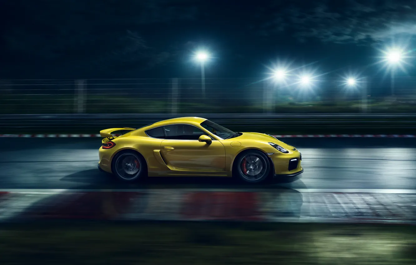 Фото обои Porsche, Cayman, Speed, Yellow, Side, Supercar, Track, GT4