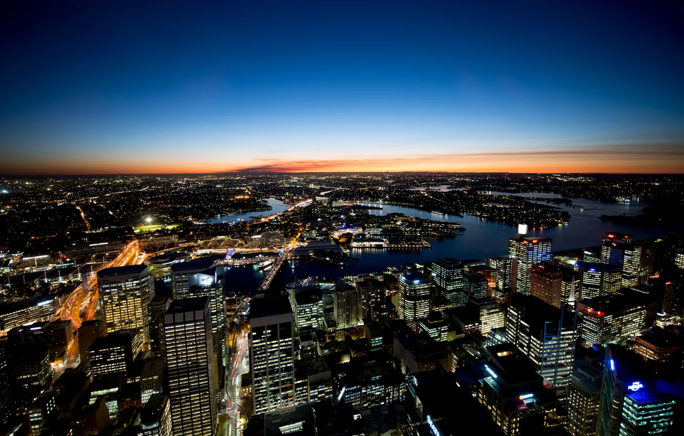Фото обои небо, закат, город, река, горизонт, сидней, австралия, sydney