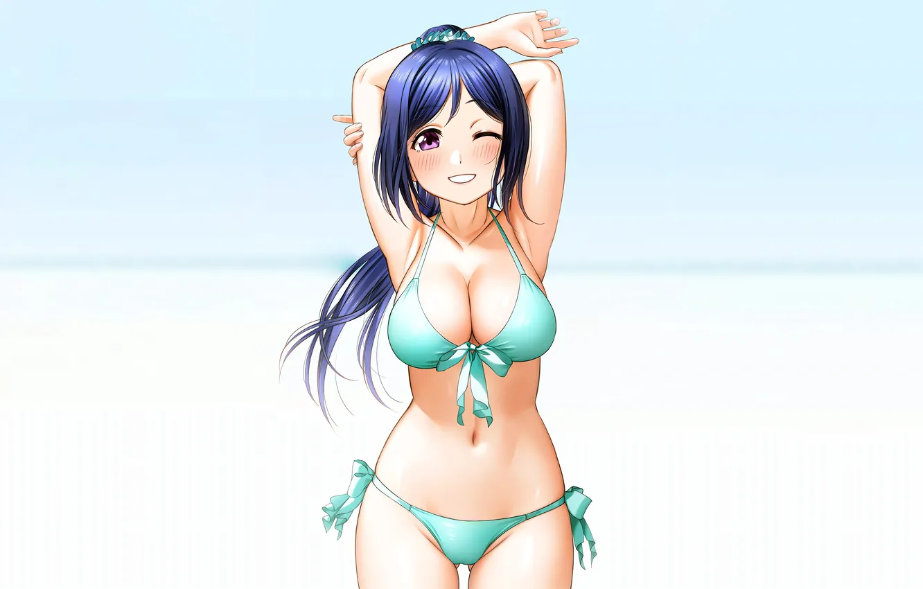 Фото обои girl, sexy, cleavage, long hair, boobs, sexy girl, blush, anime
