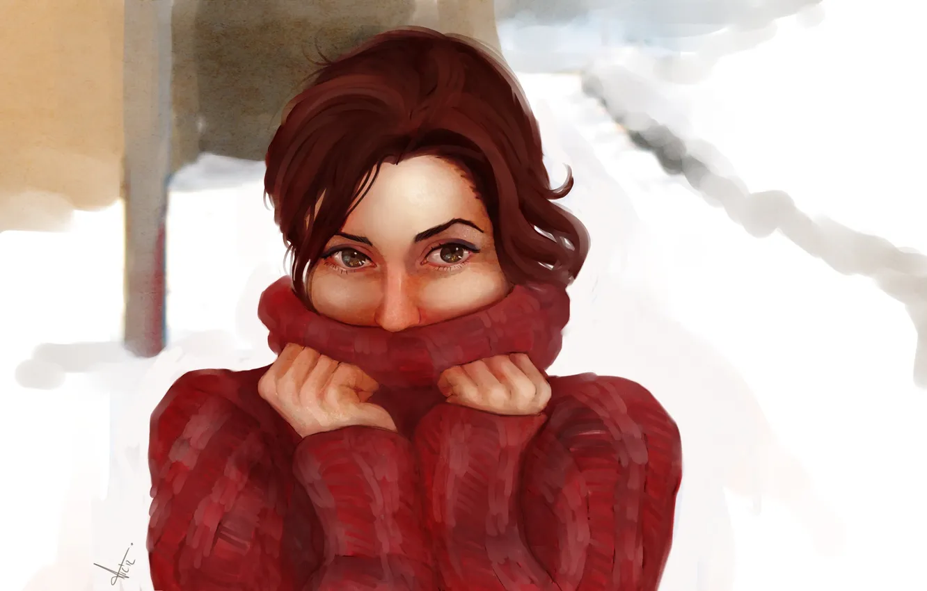 Фото обои холод, глаза, взгляд, девушка, снег, волосы, руки, арт