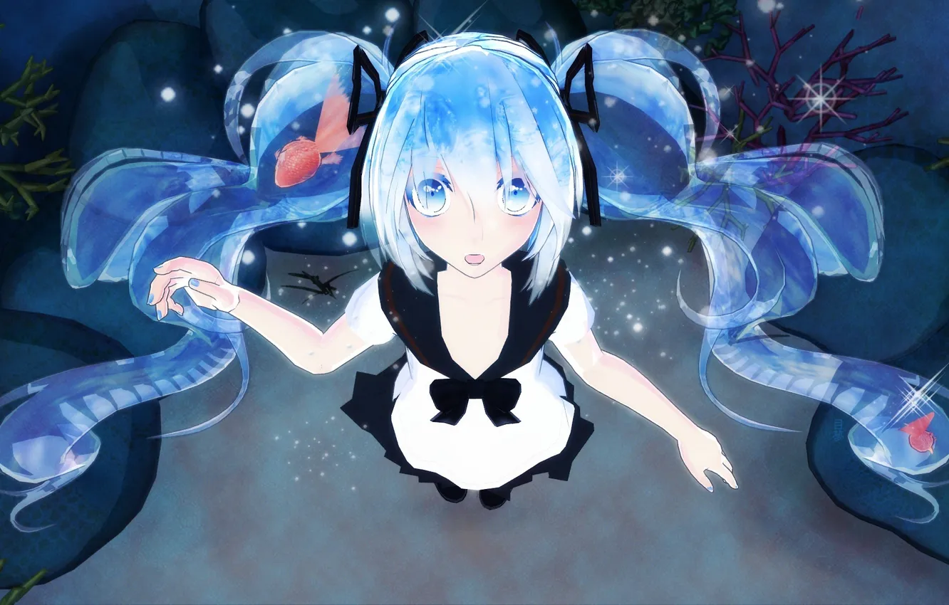 Фото обои девушка, рыбки, арт, школьница, vocaloid, вокалоид, bottle miku
