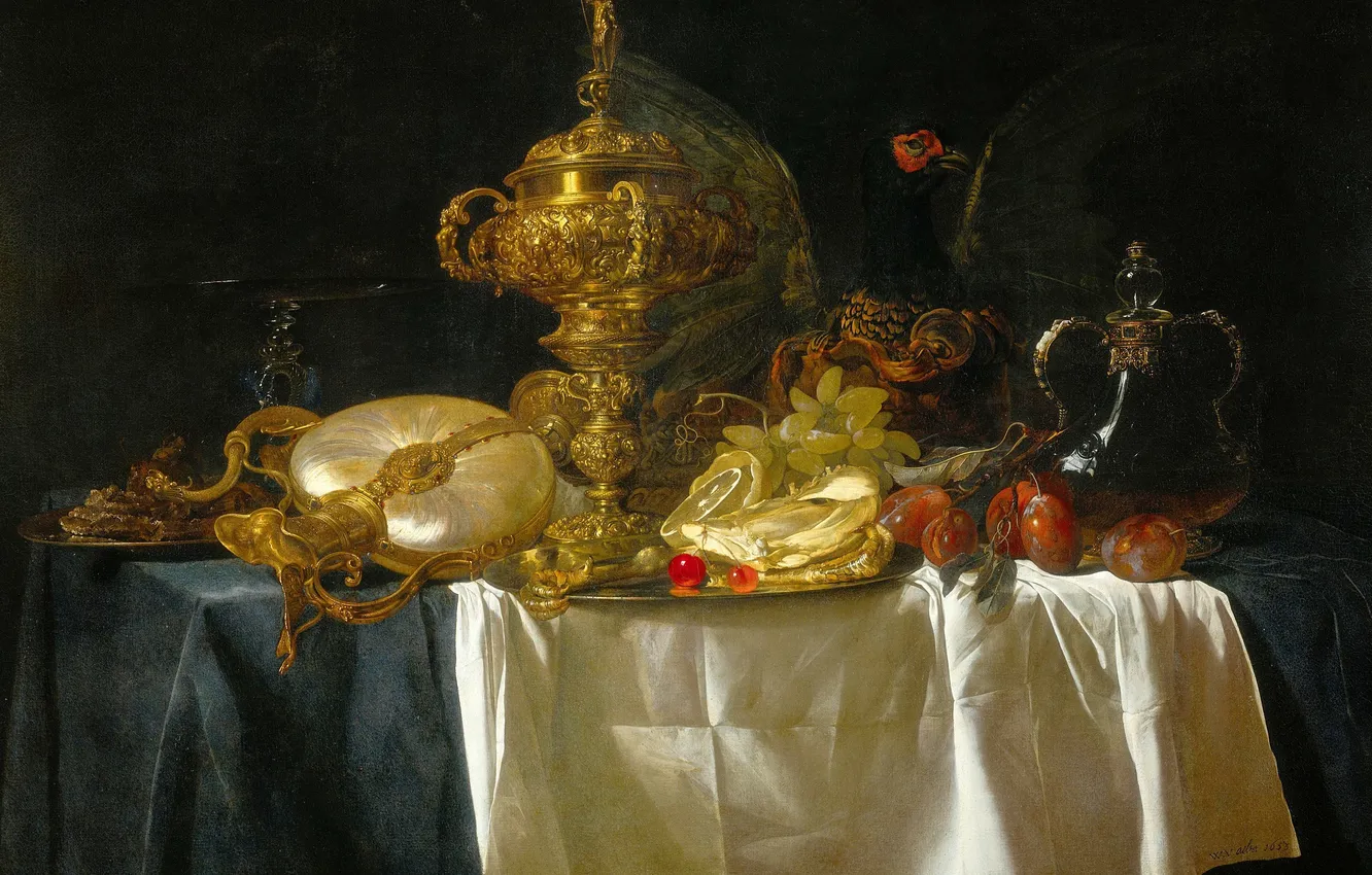 Фото обои картина, посуда, фрукты, натюрморт, Виллем ван Альст