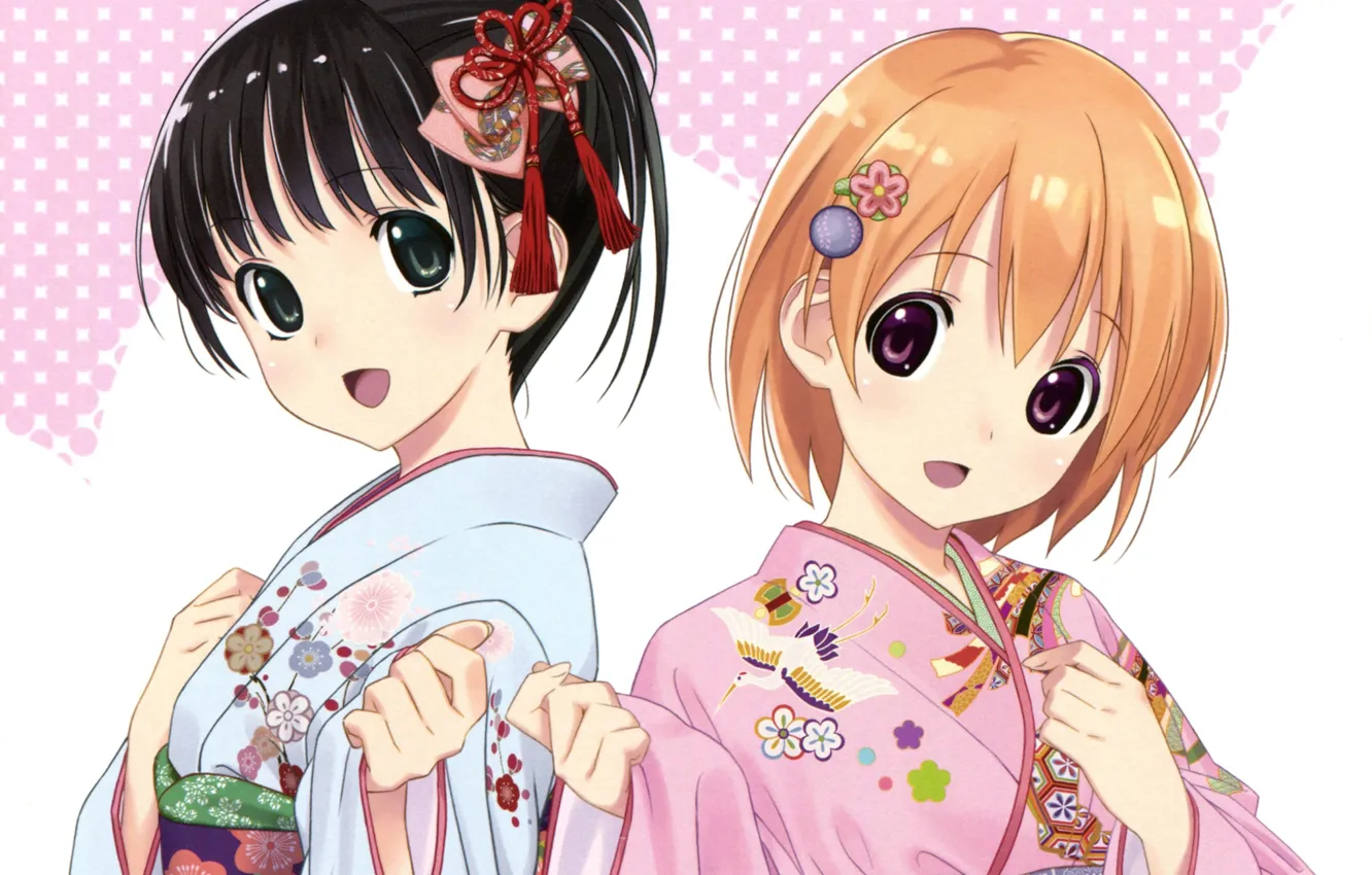 Фото обои прическа, кимоно, челка, цветок в волосах, большие глаза, две девочки, цветочный рисунок, by koutaro