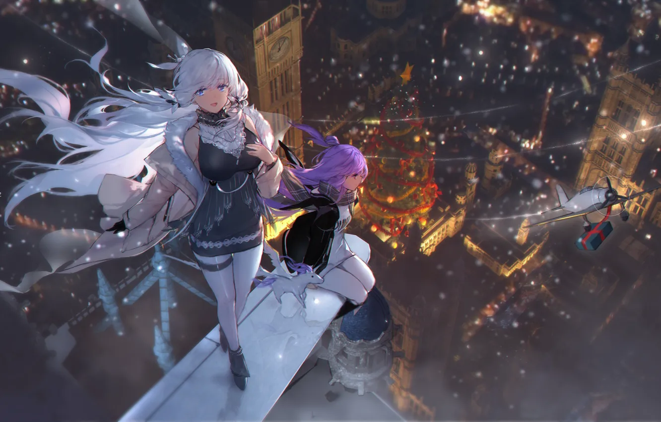 Фото обои ночь, город, самолет, девушки, елка, новый год, Unicorn, Azur Lane
