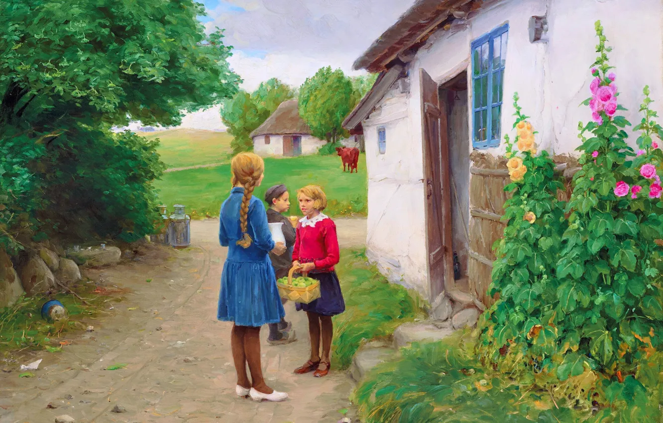 Фото обои Дома, Дети, Картина, Ханс Андерсен Брендекильде, Hans Andersen Brendekilde, Сельские дети, Датский живописец