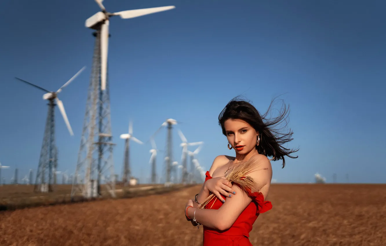 Фото обои девушка, ветер, ветряки, Lena