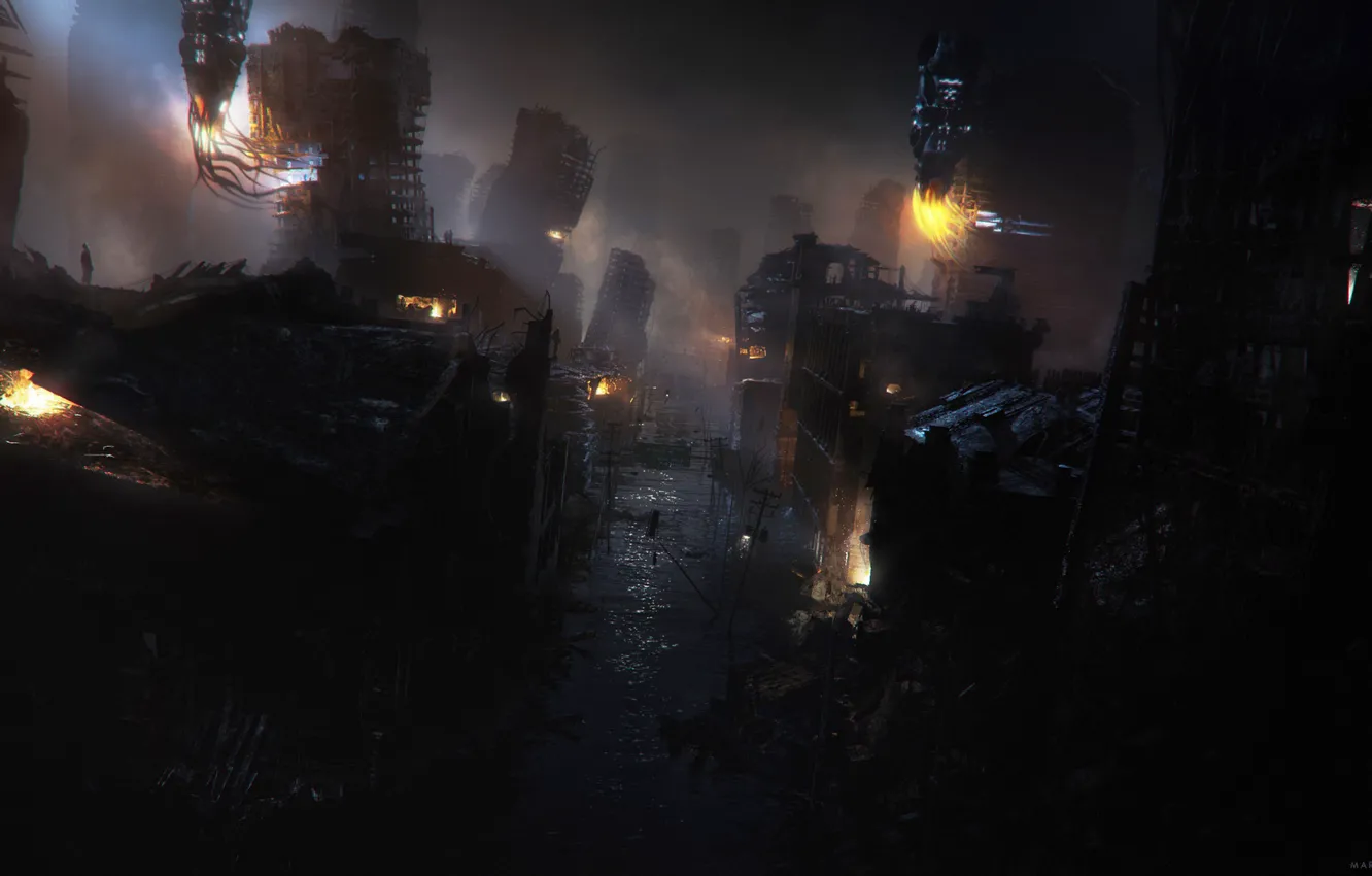 Фото обои Ночь, Город, Огонь, Улица, Здания, City, Разрушения, Fire