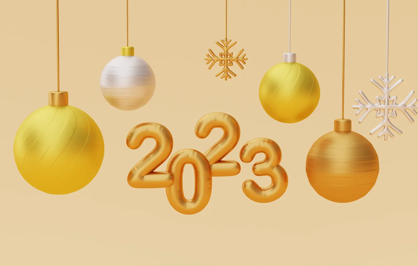 Фото обои шарики, рендеринг, шары, желтые, цифры, Новый год, золотые, снежинка
