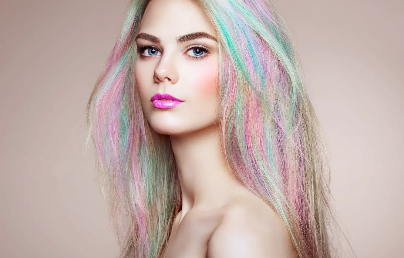 Фото обои портрет, макияж, губки, Oleg Gekman, Model Girl with Colorful Dyed Hair