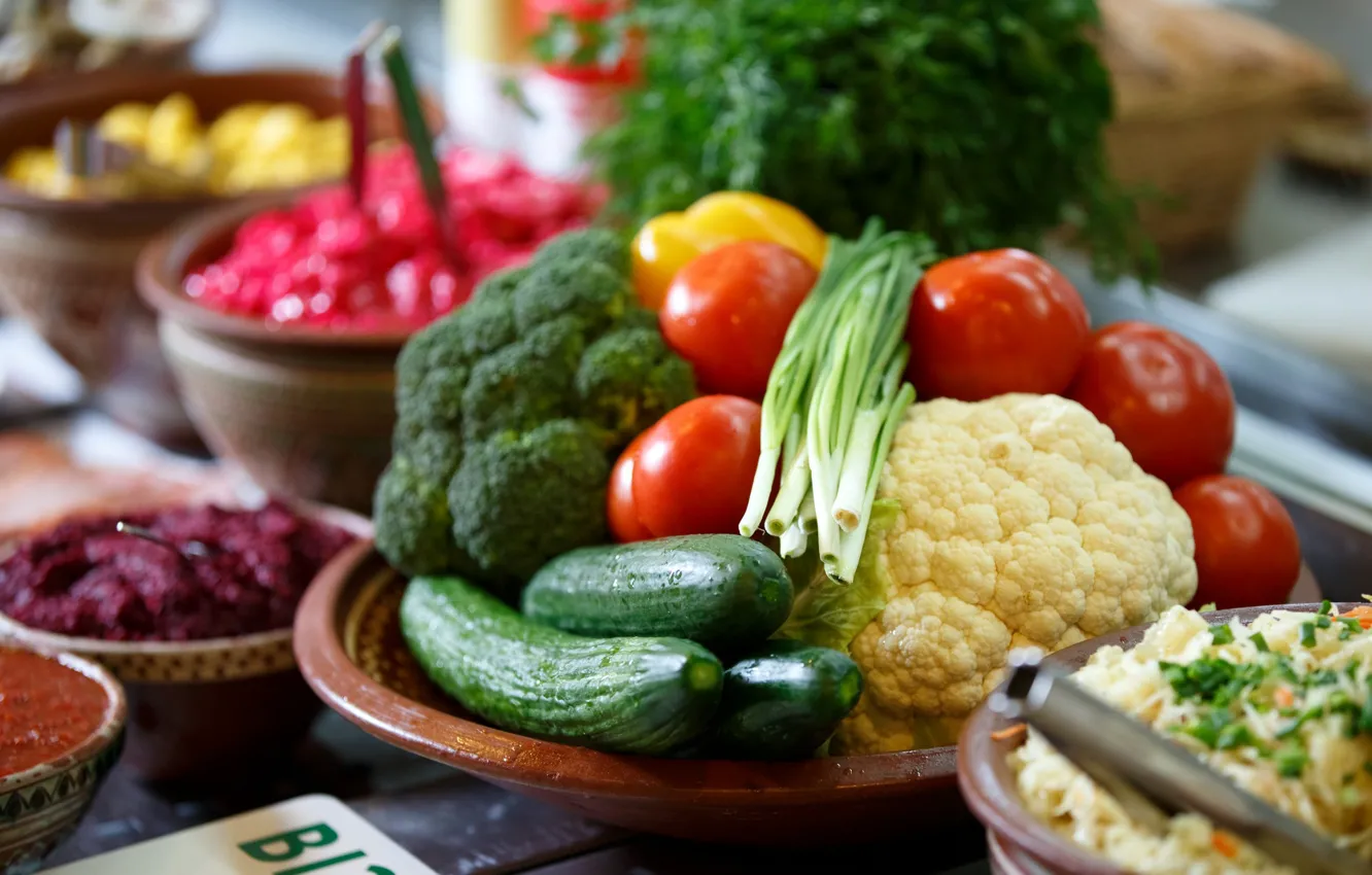 Фото обои лук, овощи, помидоры, капуста, огурцы, брокколи
