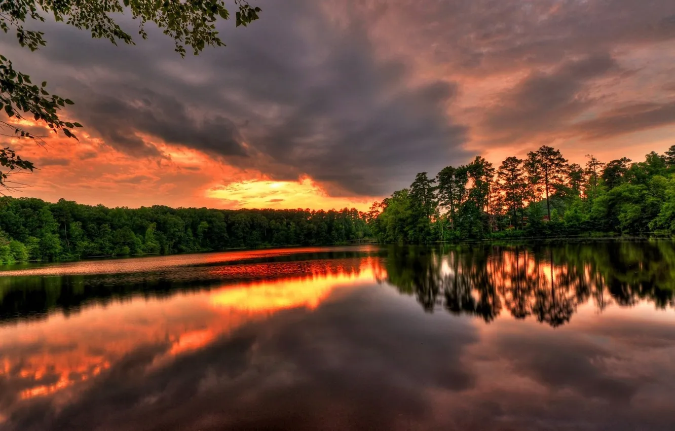 Фото обои небо, деревья, закат, Озеро