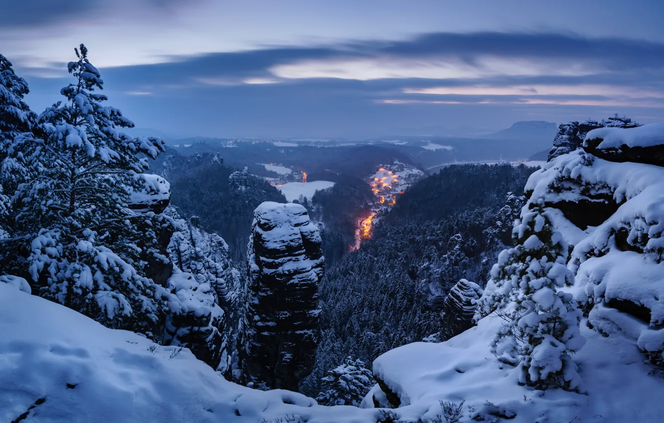 Фото обои зима, снег, деревья, горы, Германия, панорама, Germany, Саксонская Швейцария