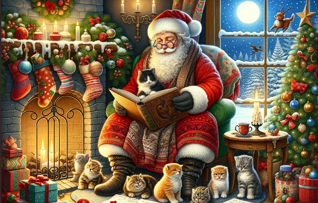 Фото обои Свечи, Кошки, Рождество, Котята, Новый год, Елка, Санта Клаус, Дед Мороз
