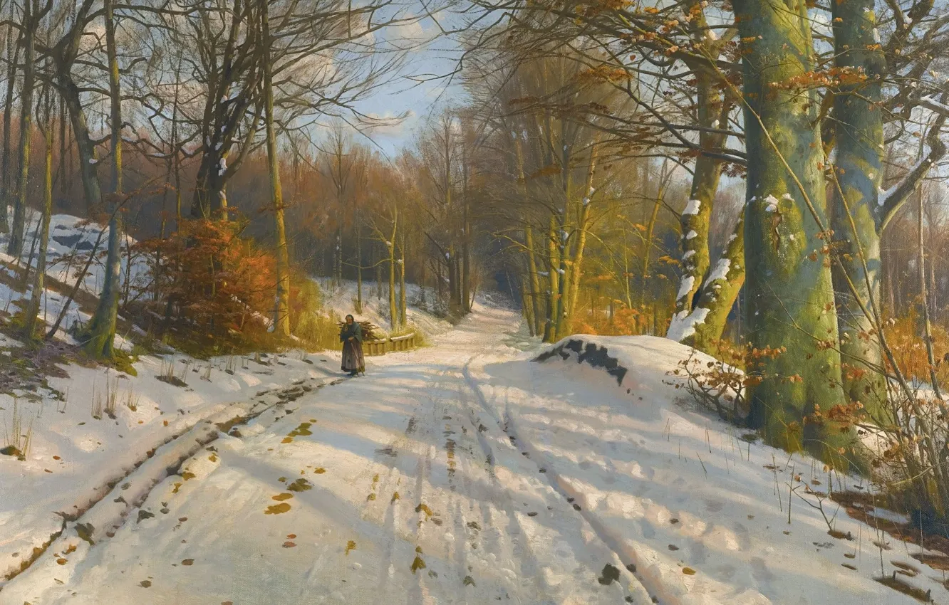 Фото обои Зимний пейзаж, датский живописец, 1917, Петер Мёрк Мёнстед, Peder Mørk Mønsted, Danish realist painter, Winter …