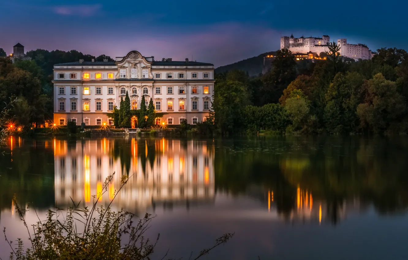 Фото обои деревья, озеро, отражение, замок, Австрия, крепость, дворец, Austria